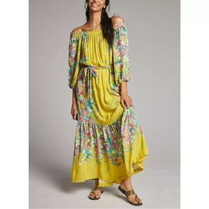 Anthropologie Eliora Off-The-Shoulder Maxi Dress Yellow Floral Puff Sleeve M